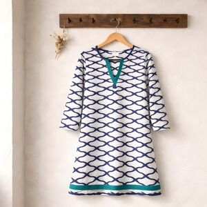 Vineyard Vines Dress Women XS Blue White Good Geometric Coastal 3/4 Sleeve Dress